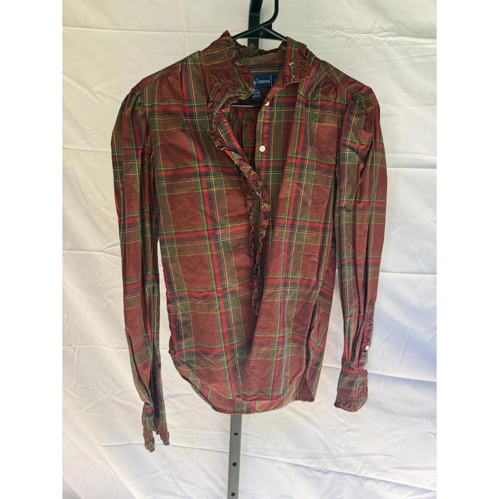 Ralph Lauren Red Tartan Plaid Ruffle Front Button Up Blouse VTG Sz 4